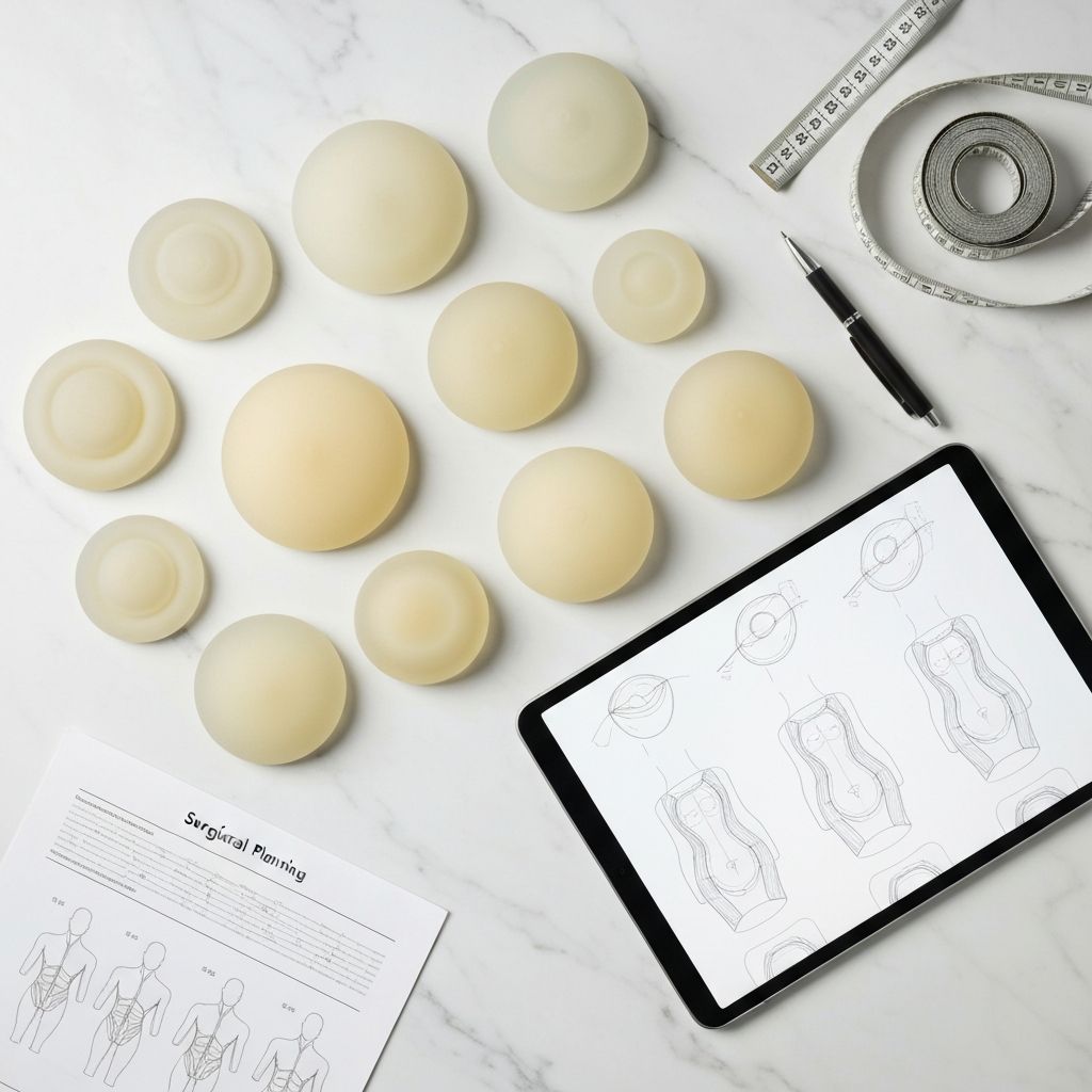 Mesa de planejamento cirúrgico com próteses e tablet
